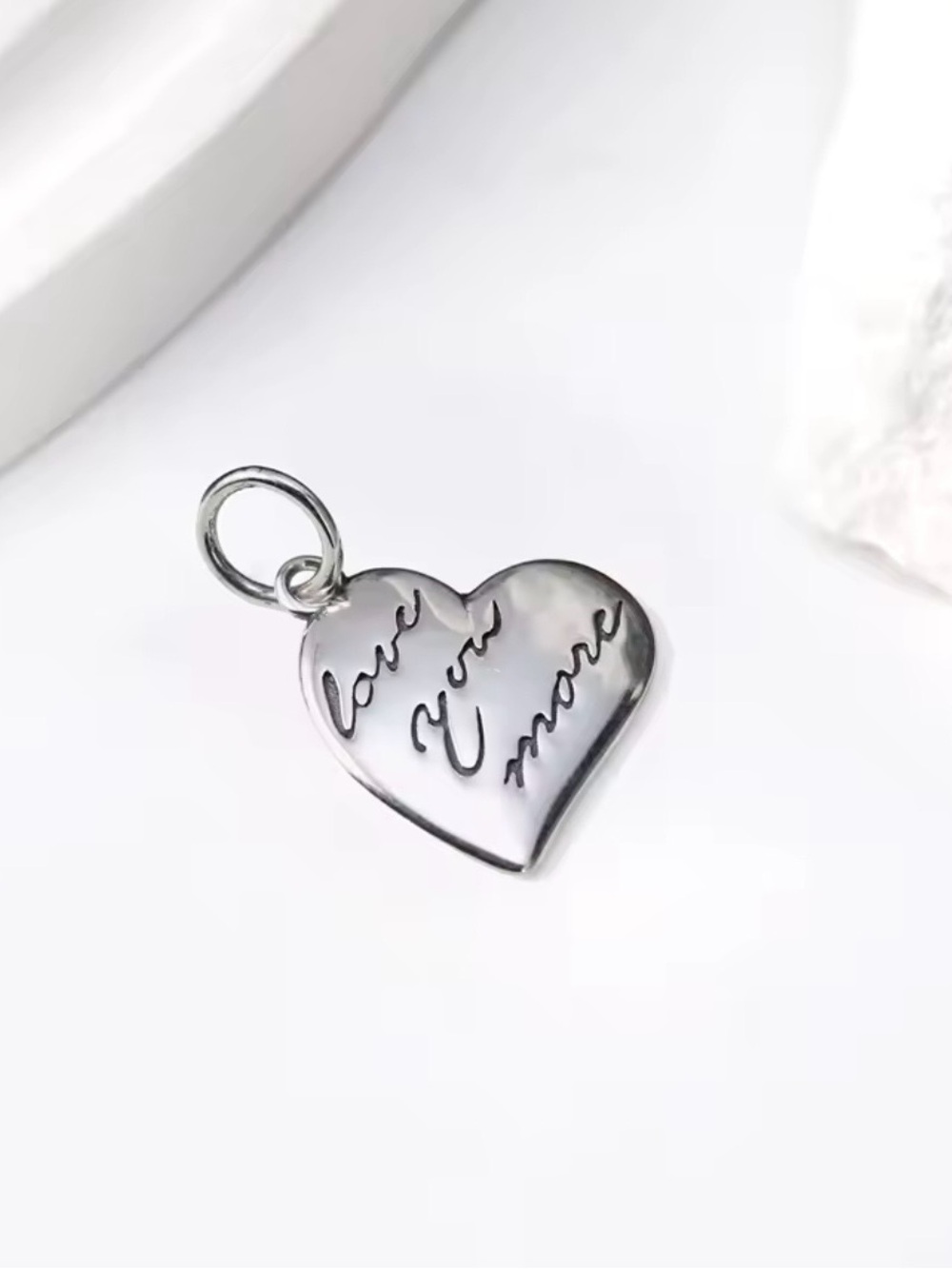Sterling Silver Heart 'Love You More' Pendant Charm - Silver